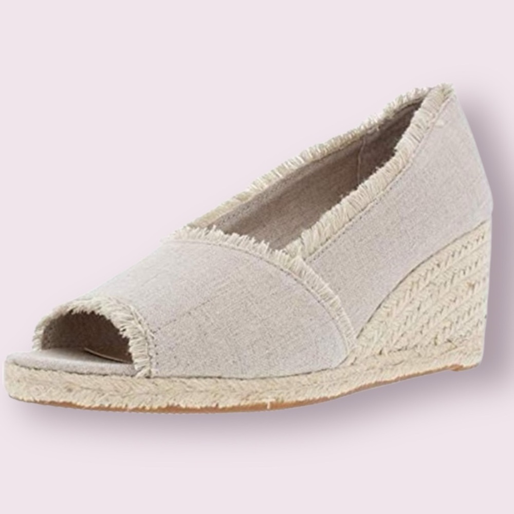LAUREN Ralph Lauren Carmondy Linen Natural Espadrille Wedge Shoes Peep Toe 9.5